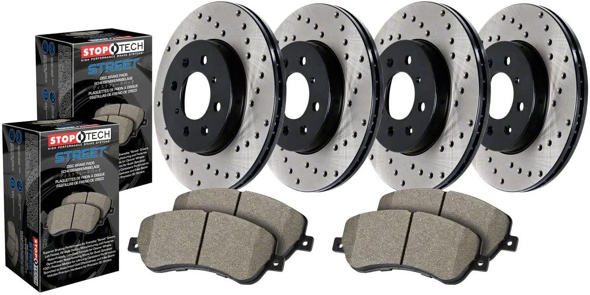 StopTech Street Axle Drilled 6-Lug Brake Rotor and Pad Kit; Front and Rear (14-18 Sierra 1500)