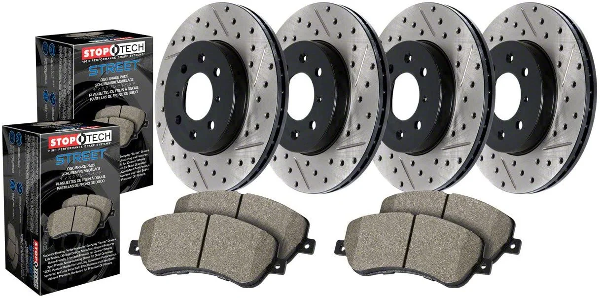 StopTech Street Axle Drilled and Slotted 6-Lug Brake Rotor and Pad Kit; Front and Rear (14-18 Sierra 1500)