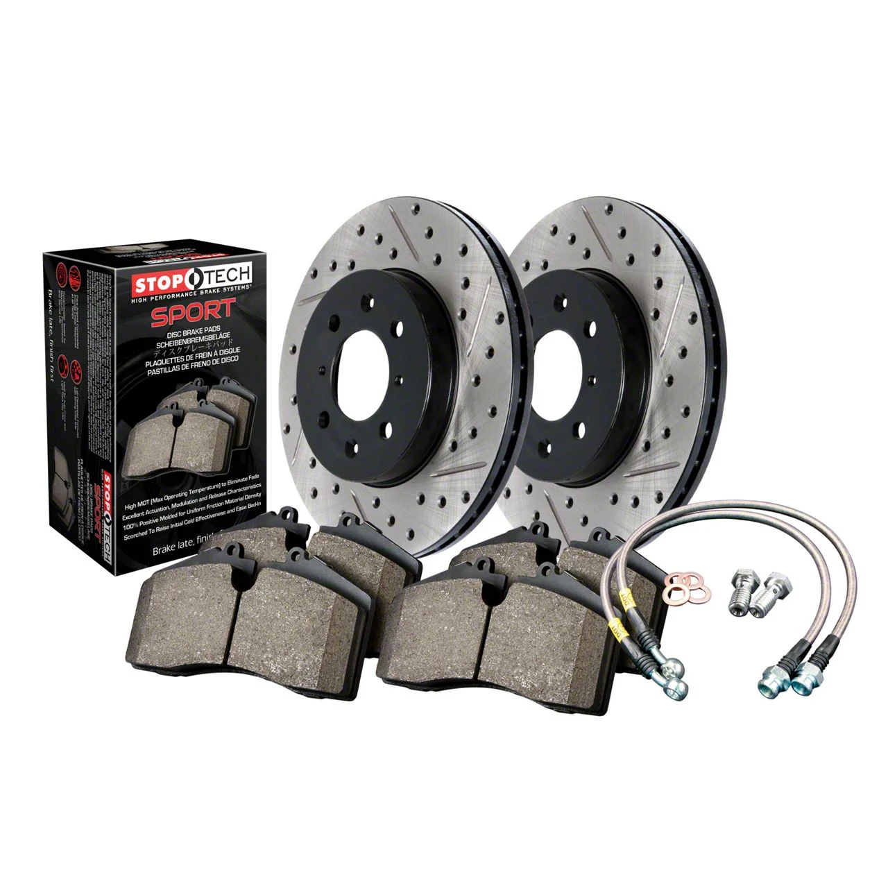 StopTech Sport Axle Drilled and Slotted 6-Lug Brake Rotor and Pad Kit; Front (14-18 Silverado 1500)
