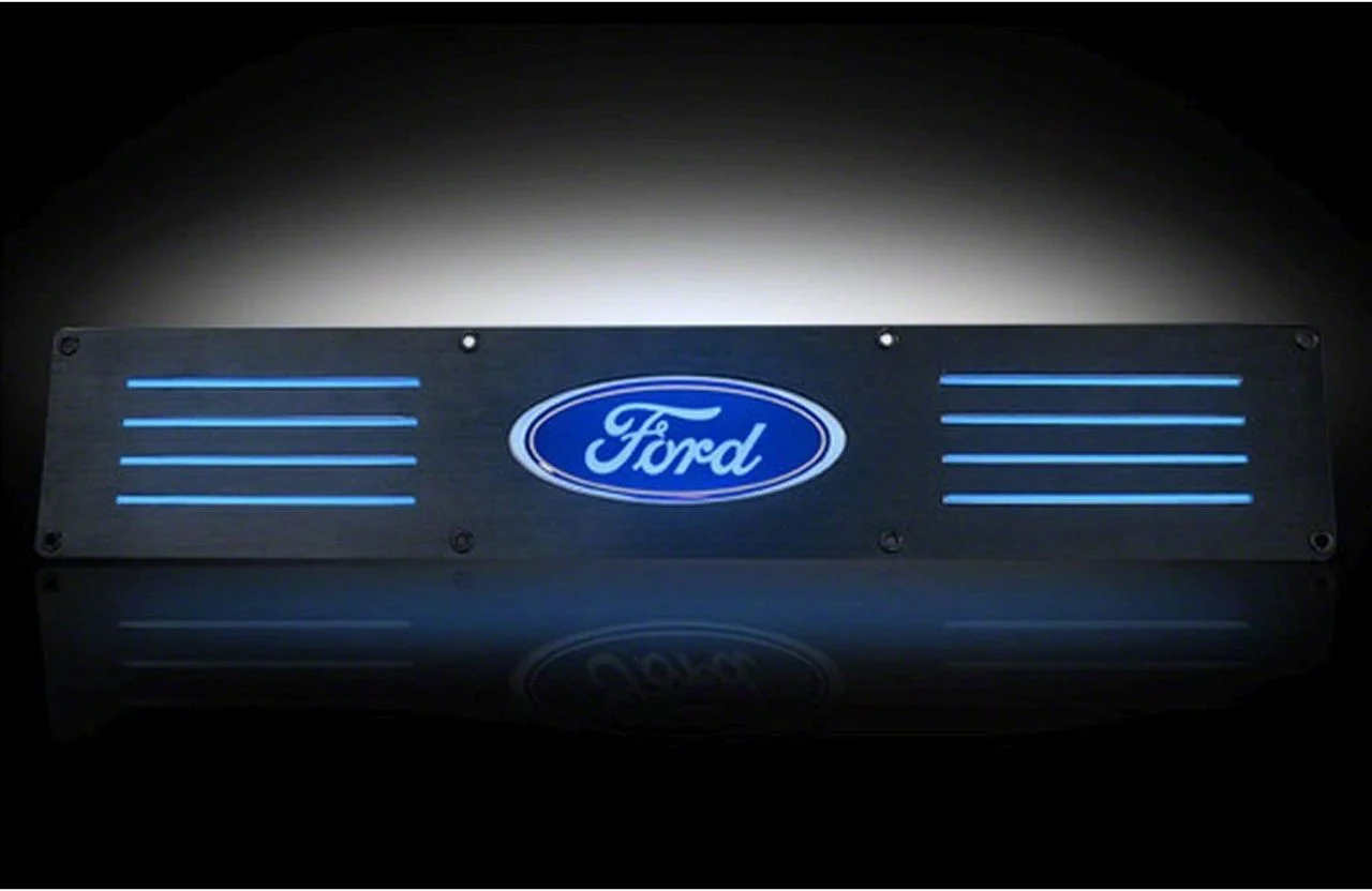 Billet Front Door Sill Plates with Ford Logo; Black Finish with Blue Illumination (11-16 F-250 Super Duty)