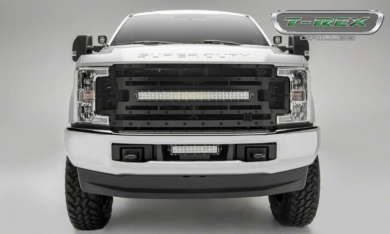 T-REX Grilles Stealth Torch Series Upper Replacement Grille with 30-Inch LED Light Bar; Black (17-19 F-350 Super Duty)
