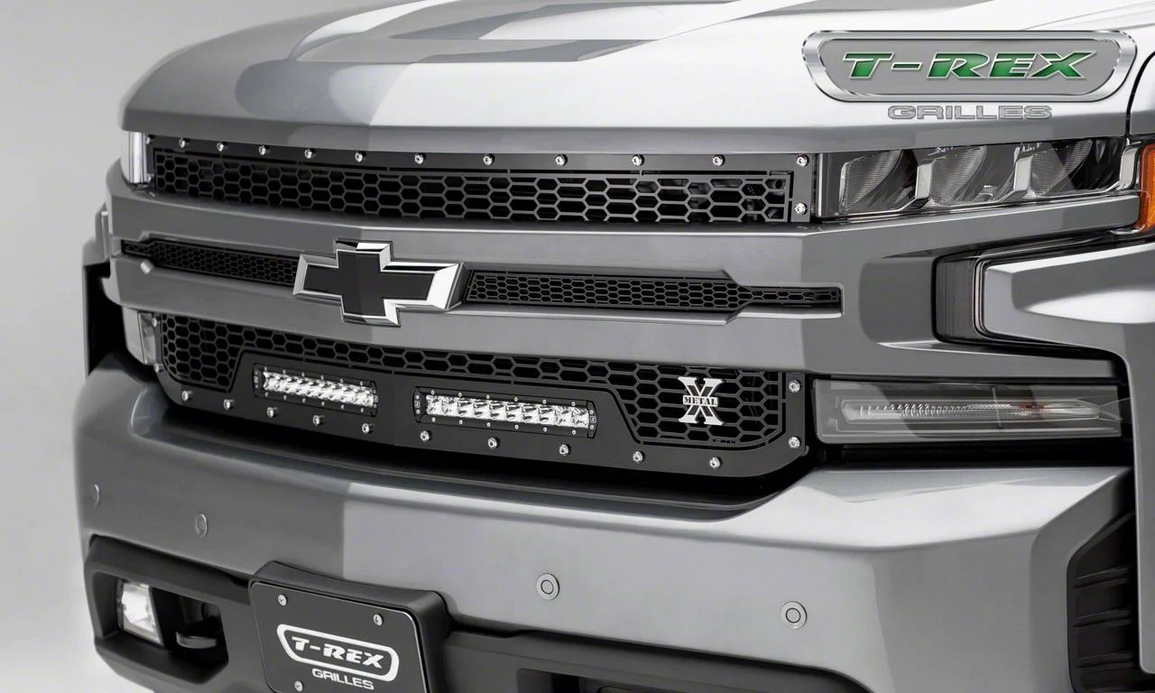 T-REX Grilles Laser Torch Series Upper Replacement Grille with Two 10-Inch LED Light Bars; Black (19-21 Silverado 1500, Excluding Custom, Custom Trail Boss & WT)