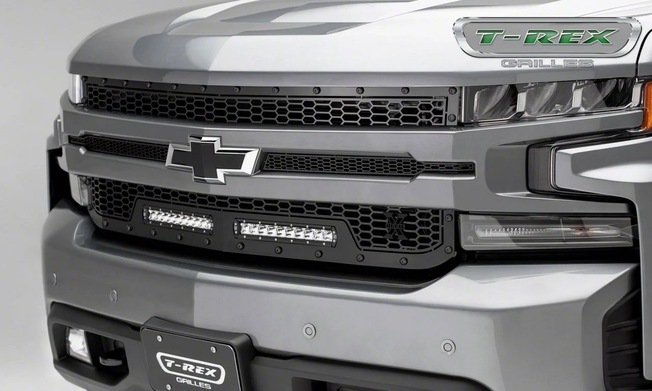 T-REX Grilles Stealth Laser Torch Series Upper Replacement Grille with Two 10-Inch LED Light Bars; Black (19-21 Silverado 1500, Excluding Custom, Custom Trail Boss & WT)