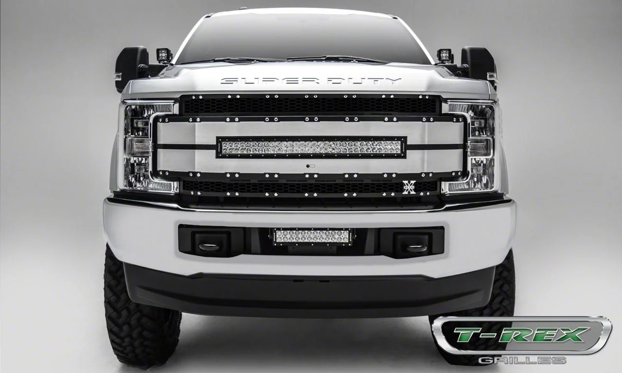 T-REX Grilles Torch AL Series Upper Replacement Grille with 30-Inch LED Light Bar; Black Mesh/Brushed Trim (17-19 F-250 Super Duty)