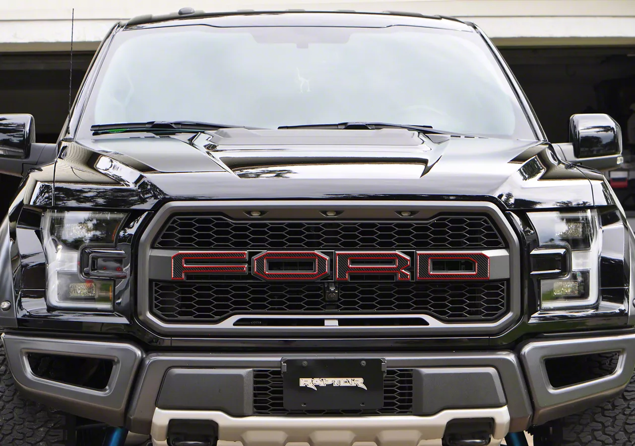 Front Grille Letter Overlays; Domed Carbon Fiber with Red Outline (17-20 F-150 Raptor)