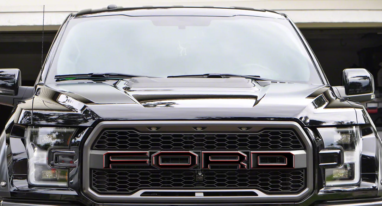 Front Grille Letter Overlays; Matte Black with Red Outline (17-20 F-150 Raptor)