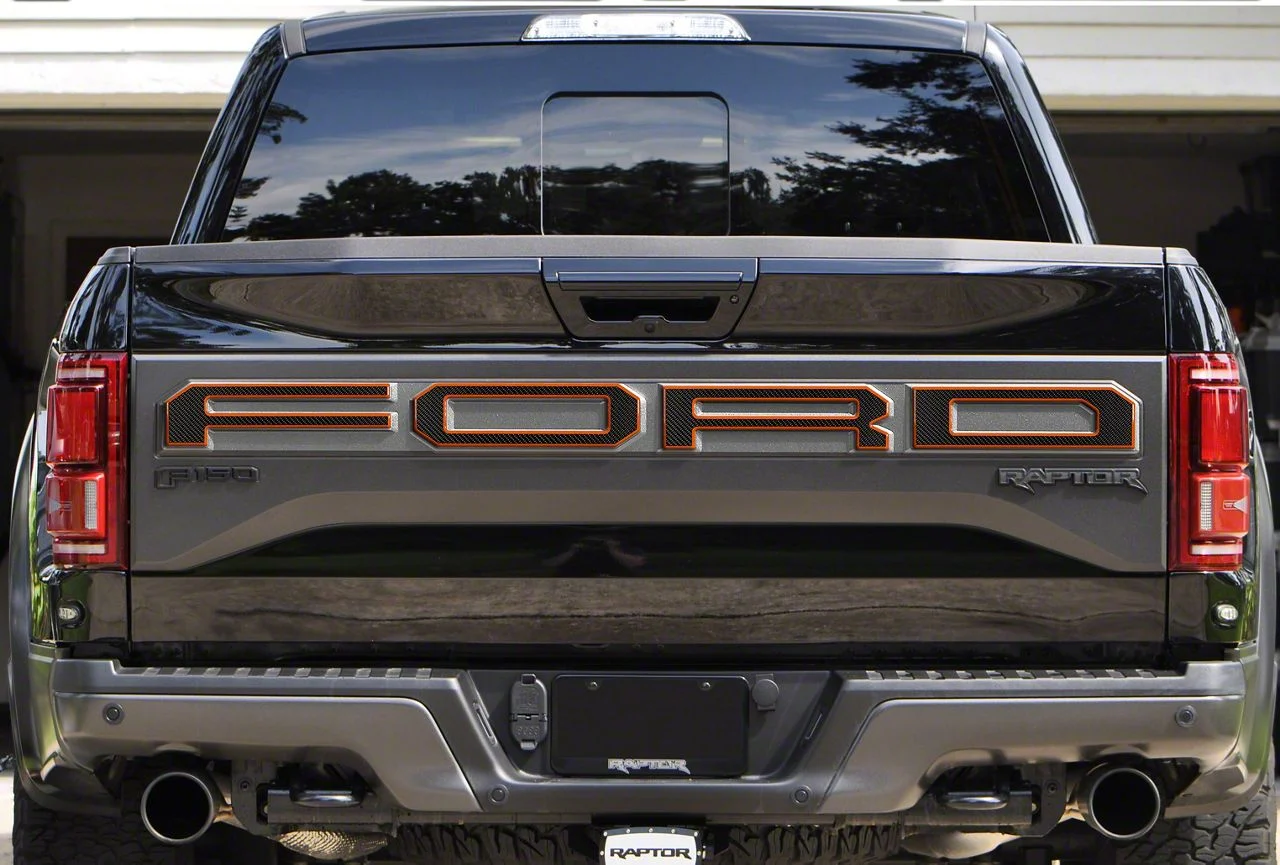 Tailgate Letter Overlays; Domed Carbon Fiber with Orange Outline (17-18 F-150 Raptor w/ Tailgate Applique)