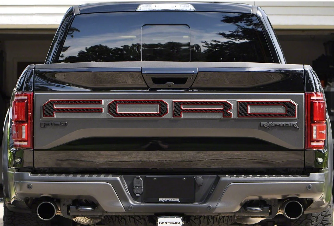 Tailgate Letter Overlays; Domed Carbon Fiber with Red Outline (17-18 F-150 Raptor w/ Tailgate Applique)