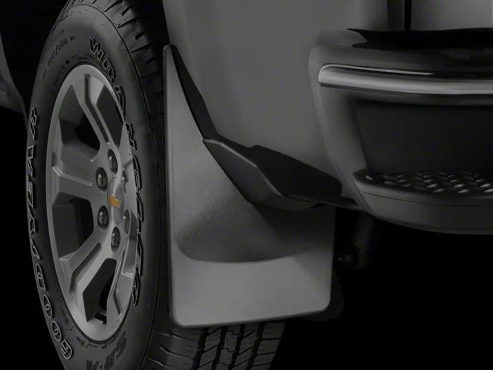 Weathertech No-Drill Mud Flaps; Rear; Black (19-26 Sierra 1500 w/o OE Larger Mud Flaps, Excluding AT4X & Denali Ultimate)